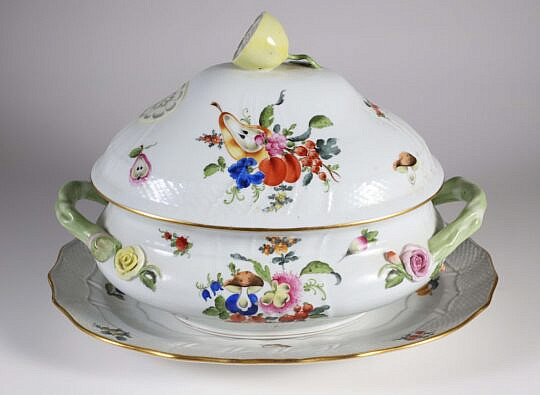 Large Herend hand Painted Porcelain Fruits and Flowers Pattern Soup Tureen and Underplate