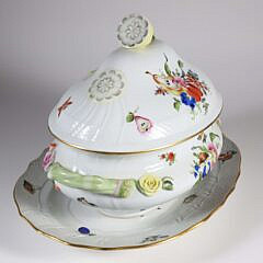 Large Herend Hand Painted Porcelain “Fruits and Flowers” Pattern Soup Tureen and Underplate