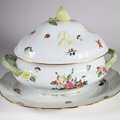 Large Herend Hand Painted Porcelain “Fruits and Flowers” Pattern Soup Tureen and Underplate