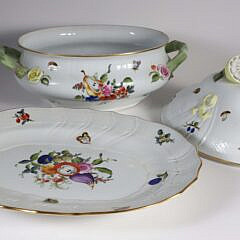 Large Herend Hand Painted Porcelain “Fruits and Flowers” Pattern Soup Tureen and Underplate