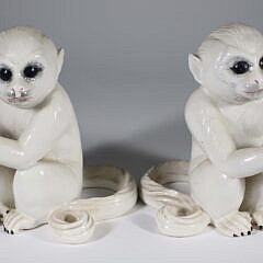 Pair of Vintage Italian Paint Decorated Glazed Porcelain Blanc De Chine Monkey Figures