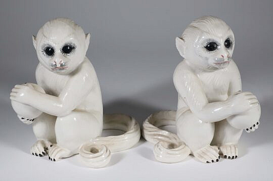 Pair of Vintage Italian Paint Decorated Glazed Porcelain Blanc De Chine Monkey Figures