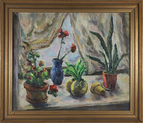 Minna Alexander Oil on Canvas "Floral Still Life By The Window", signed lower right 