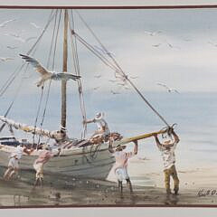Watercolor “Day’s Catch by the Shore with Seagulls”
