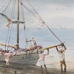 Watercolor “Day’s Catch by the Shore with Seagulls”