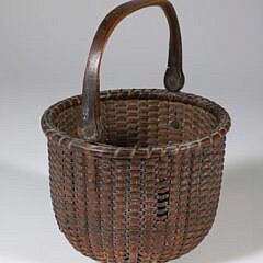 Diminutive Antique Round Open Swing Handle Nantucket Basket, 19th Century, wonderful original surface, brass ears, carved lollipop handle