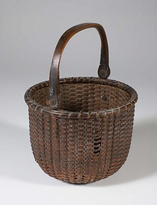 Diminutive Antique Round Open Swing Handle Nantucket Basket, 19th Century, wonderful original surface, brass ears, carved lollipop handle