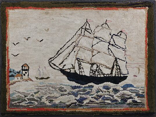 Antique Clipper Ship Hooked Rug Mounted on Board, with lighthouse 