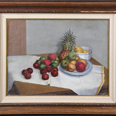 Montique "Fruit Still Life on Table with Cloth", matted and framed 