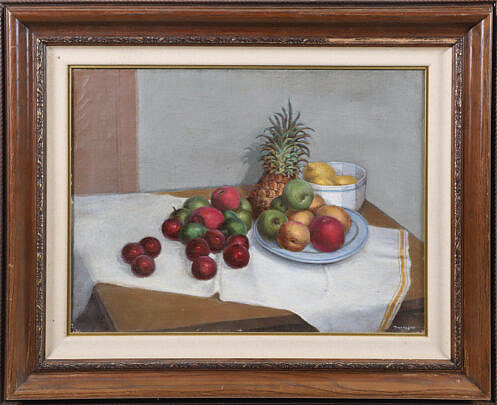 Montique "Fruit Still Life on Table with Cloth", matted and framed 