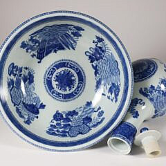 Fine Blue and White Fitzhugh Porcelain Water Bottle and Basin, 18th Century