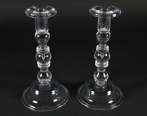 Pair of Large Vintage Steuben Hand Blown Crystal Candlesticks bubble in the stem