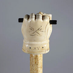 Large Whaler Made “Triad NY” Fist Grip Grasping Ebonized Wood Bar Walking Stick, 19th Century