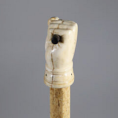 Large Whaler Made “Triad NY” Fist Grip Grasping Ebonized Wood Bar Walking Stick, 19th Century