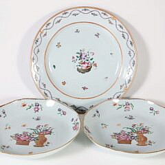 Pair of Chinese Export Porcelain Famille Rose Pattern Bowls, 18th Century accompanied by an 11" famille rose plate