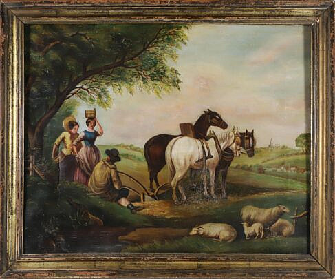 British School Oil on Canvas "Travelers at Rest", 19th Century