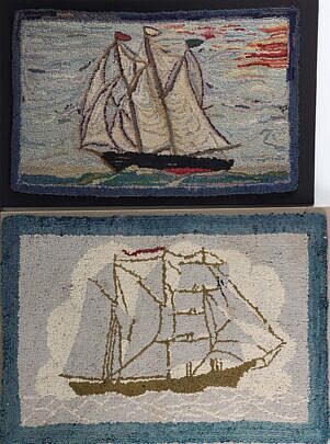 Two Antique Clipper Ship Hooked Rugs Mounted on Boards 