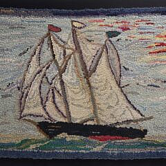 Two Antique Hooked Rugs Mounted on Boards Depicting a Schooner and a Clipper Ship