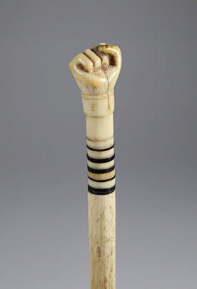 Whaler Made Clenched Fist Walking Stick, 19th Century, antique whale ivory clenched fist on a whalebone shaft