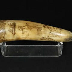 English Engraved Horn, Witch Carved Dog Head Top, 19th Century