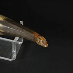 English Engraved Horn with Carved Dog Head Top, 19th Century