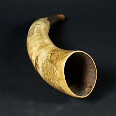 English Engraved Horn with Carved Dog Head Top, 19th Century