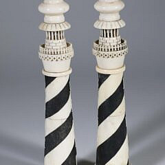 Pair of Polychromed Antique Whalebone Sandwich Lighthouse Candlesticks