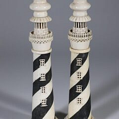 Pair of Polychromed Antique Whalebone Sandwich Lighthouse Candlesticks