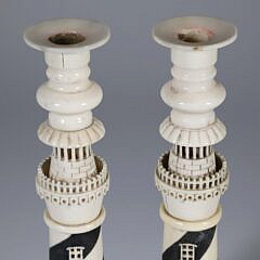 Pair of Polychromed Antique Whalebone Sandwich Lighthouse Candlesticks