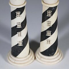Pair of Polychromed Antique Whalebone Sandwich Lighthouse Candlesticks