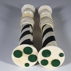 Pair of Polychromed Antique Whalebone Sandwich Lighthouse Candlesticks