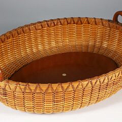 Paul Willer Oval Nantucket Basket Woven Serving Tray with Carved Wood Handles, signed Willer