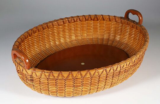 Paul Willer Oval Nantucket Basket Woven Serving Tray with Carved Wood Handles, signed Willer