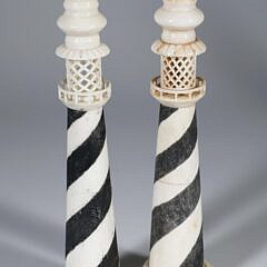 Pair of Polychromed Antique Whalebone Sandwich Lighthouse Candlesticks