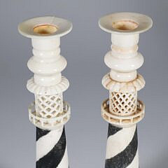 Pair of Polychromed Antique Whalebone Sandwich Lighthouse Candlesticks