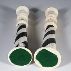 Pair of Polychromed Antique Whalebone Sandwich Lighthouse Candlesticks