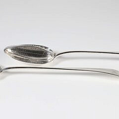 English Sterling Silver Strainer Spoon and Irish Stuffing Spoon: George III sterling silver strainer spoon, mark of George Smith III & William Feary, London 1789 and stuffing spoon by George Smith 999, London 1786