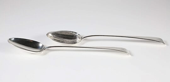 English Sterling Silver Strainer Spoon and Irish Stuffing Spoon: George III sterling silver strainer spoon, mark of George Smith III & William Feary, London 1789 and stuffing spoon by George Smith 999, London 1786