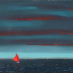 Robert Stark Jr. Oil on Canvas “Evening Catboat with Rainbow Fleet in the Distance”