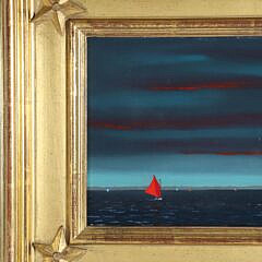 Robert Stark Jr. Oil on Canvas “Evening Catboat with Rainbow Fleet in the Distance”