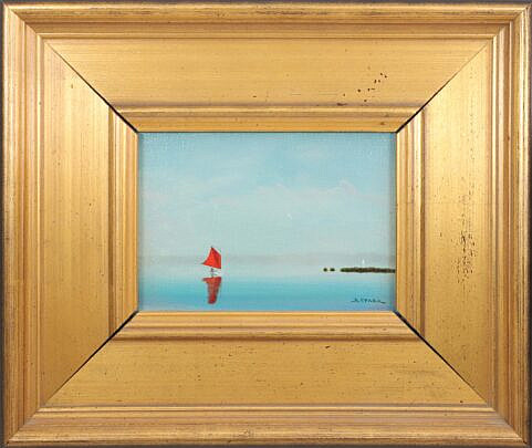Robert Stark Jr. Miniature Oil on Canvas "Red Sail on the Pond"