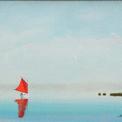 Robert Stark Jr. Miniature Oil on Canvas “Red Sail on the Pond”