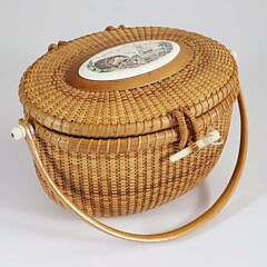 Vintage Nantucket Friendship Basket, Polychrome Top Engraved with Seashells, Flowers, Sailboat, and Seagulls