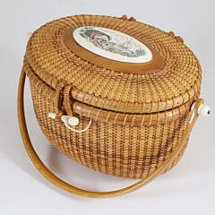 Vintage Nantucket Friendship Basket, Polychrome Top Engraved with Seashells, Flowers, Sailboat, and Seagulls