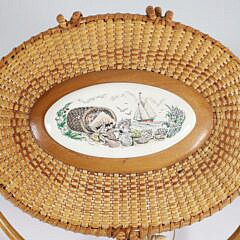 Vintage Nantucket Friendship Basket, Polychrome Top Engraved with Seashells, Flowers, Sailboat, and Seagulls