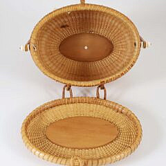 Vintage Nantucket Friendship Basket, Polychrome Top Engraved with Seashells, Flowers, Sailboat, and Seagulls