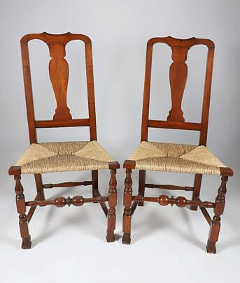 Pair of Maine Queen Anne Rush Seat Chairs, 18th Century