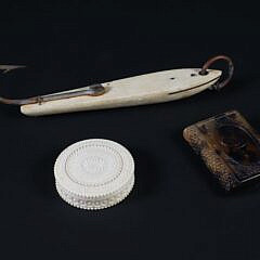 Whale Bone Fish Lure, shell match safe box and carved box compass