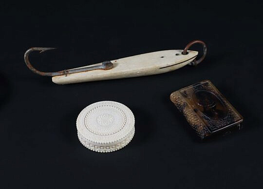 Whale Bone Fish Lure, shell match safe box and carved box compass