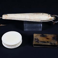 Whale Bone Fish Lure, Shell Match Safe Box and Carved Bone Compass